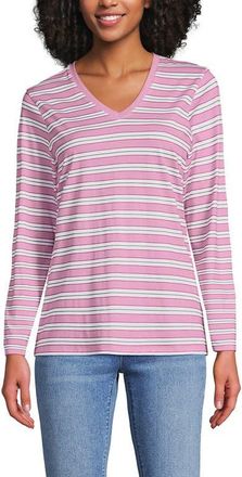 Lands End Supima Cotton Long Sleeve V-Neck T-Shirt in Seaside Pink Multi Stripe at Nordstrom, Size Small P