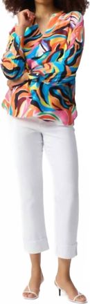 Joseph Ribkoff Satin Abstract Print Boxy Top In Vanilla/multi