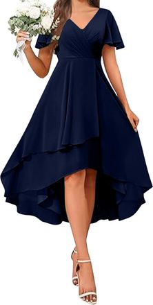 Generic Evening Dresses for Women UK Chiffon Wedding Guest Prom Gowns Ruffle Irregular Flowy A Line Dresses Plain Short Sleeve V Neck Elegant Party Dress Swin