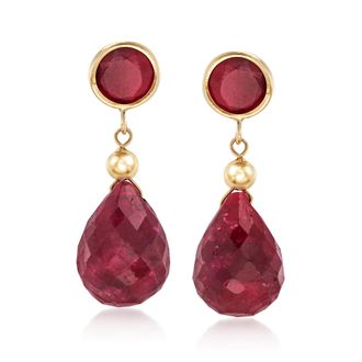 Ross-Simons Ruby Drop Earrings in 14kt Yellow Gold