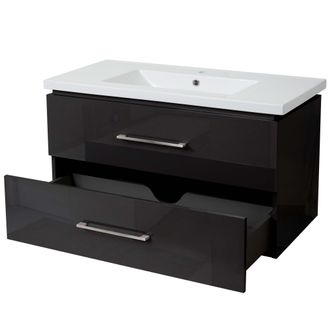 Hhg [nunca Usado] Premium Lavabo + Mueble Bajo Lavabo Hhg-244, Lavabo Lavabo, Alto Brillo 90cm, Negro