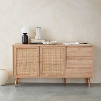 Sweeek 150cm Scandi-style Wooden & Cane Effect Sideboard in Light Brown