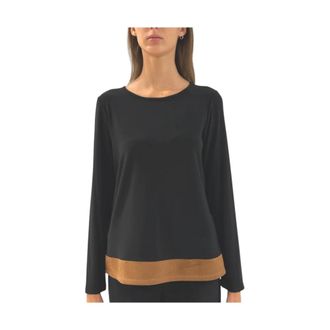 Joseph Ribkoff Rechte Silky-Knit Top met su&egrave;de leren kleurvlakken - Dames - Longsleeves - Zwart - L - Su&egrave;de - Tops