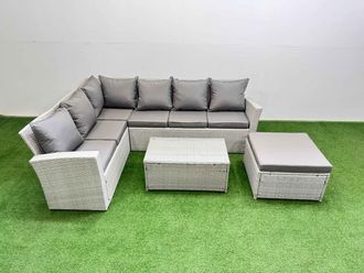 Fimous 7 Seater Garden Outdoor Rattan Furniture Set with Oblong Coffee Table in Light Grey