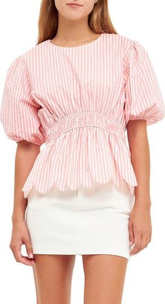 English Factory Stripe Puff Sleeve Peplum Top in Pink Stripes at Nordstrom, Size Medium