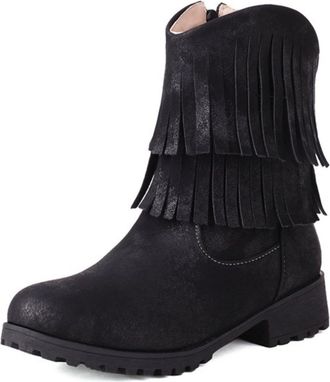 Generic Womens Mid Calf Boots Double Layer Fringe Faux Suede Upper Round Toe Low Block Heel Lug Sole Side Zip Closure Soft Lining Cushioned Insole Anti Slip,B