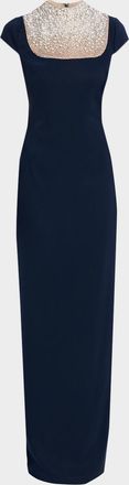 Badgley Mischka Rhinestone-Yoke Column Gown