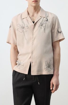 Mango Regular Fit Embroidered Floral Camp Shirt in Beige at Nordstrom, Size X-Large