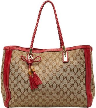 Gucci Beige Red Color Canvas Leather Tote Bag (Pre-Owned)