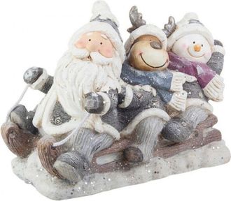 BIZZOTTO Babbo Natale con renna e pupazzo di neve con slitta in polvere di gesso color grigio decorazione natalizia