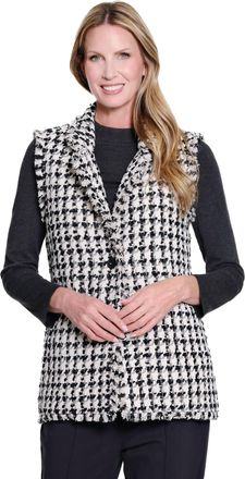 Multiples Lapel Collar One-Button Woven Lined Vest With Fringe In Black/white Multi