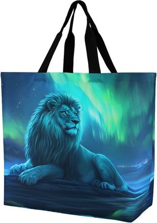 Generic Lion Northern Lights Reusable Shopping Bags One Shoulder Grocery Tote Bag Waterproof Big Purse for Work Travel