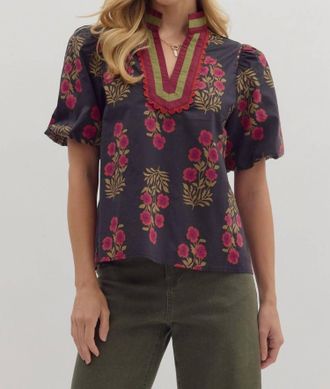 Entro Floral Print Bubble Sleeve Top In Black Floral