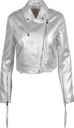Patrizia Pepe Patrizia Pepe Womens Metallic Silver Cropped Biker Jacket - Light Grey - Size EU 42 (Womens)