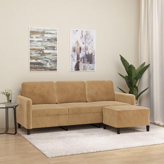 vidaXL Vidaxl - Sof&aacute; De 3 Plazas Con Taburete De Terciopelo Marr&oacute;n 180 Cm