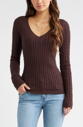 BP. Cable Stitch V-Neck Sweater in Brown Coffee at Nordstrom, Size Xx-Small