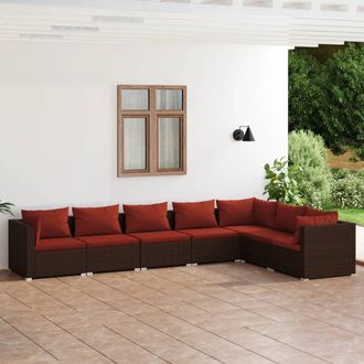 vidaXL Set Muebles De Jard&iacute;n 7 Piezas Y Cojines Rat&aacute;n Sint&eacute;tico Marr&oacute;n Vidaxl