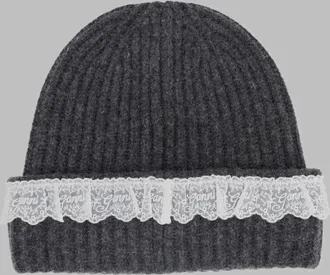 Ganni B3020240_252 Ribbed Wool with Lace Trim Beanie - Gray