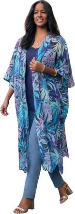 Roaman's Plus Size Flowy Chiffon Duster in Black Multi Tropical Leaves at Nordstrom, Size Medium