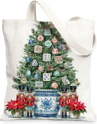 Generic Christmas Tree Canvas Tote Bags, Holiday Ornament Pattern Reusable Grocery Bags, Vintage Lightweight Washable Shoulder Stra, White, 13x15 Inch