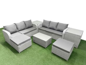 Fimous Outdoor Garden Furniture Sets 8 Seater Wicker Rattan Furniture Sofa Sets w/ Rectangular Coffee Table high Back Lounge Sofa 2 Big Footstool 2