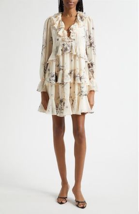 Cinq &agrave; Sept Sacha Floral Tiered Ruffle Trim Dress in Gardenia/black at Nordstrom, Size 12