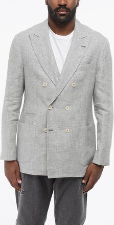 Brunello Cucinelli Blazer Doppiopetto in Lino Pied de Poule con Tasche a Toppa Brunello Cucinelli