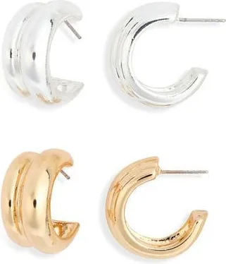 Leith 2-Pack Assorted Ridged Hoop Earrings in Gold- Silver at Nordstrom Rack