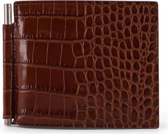 Tom Ford Accessoires, Heren, Bruin, ONE Size, Leer, Glanzende Portemonnee met Krokodillenprint en T-lijn Geldclip