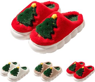 Generic Fluffy Slippers Women, Womens Festive Deer Design Cozy Indoor Slippers with Closed Toe and Flat Sole for Holiday Comfort ( 2-Red, 5.5)