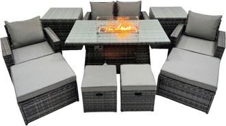 Fimous Outdoor Love Sofa Set 8 Seat Rattan Garden Furniture Set with Gas Firpit Dining Table 4 Footstools 2 Side Table Dark Grey Mixed - Fimous