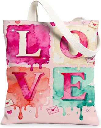 Generic Love Watercolor Canvas Tote Bags, Colorful Heart Design Reusable Grocery Bags, Vintage Artistic Lightweight Washable Should, Peach, 13x15 Inch