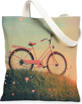 Generic Vintage Bike Canvas Tote Bags, Retro Bicycles Floral Pattern Reusable Grocery Bags, Summer Lightweight Washable Shoulder Strap Canvas for Travel Beach