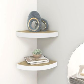vidaXL Wall Corner Shelf Set of 2 Oak and white Honeycomb MDF, metal