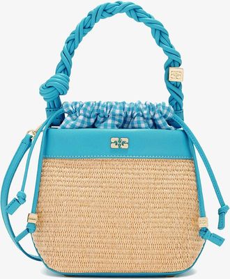 Ganni Scuba Blue Bou Bucket Bag in Raffia