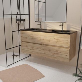 Aurlane Mobile bagno da 120 cm 4 Casseti Rovere Naturale + Lavabo Doppio Ceramica Nera - TIMBER