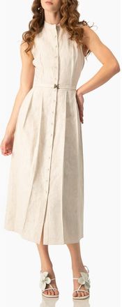 Ivonne Linen Belted Midi Shirtdress with Band Collar in Sand at Nordstrom, Size 14