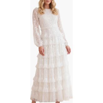 Needle & Thread Blossom Long Sleeve Lace Ankle Gown in Swan White at Nordstrom, Size 12