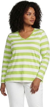 Lands End Supima Cotton Long Sleeve V-Neck T-Shirt in Ivory/apple Green Bold Stripe at Nordstrom, Size 2X