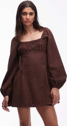 Asos Vestito corto stile skater in tessuto a coste con scollo squadrato-Marrone