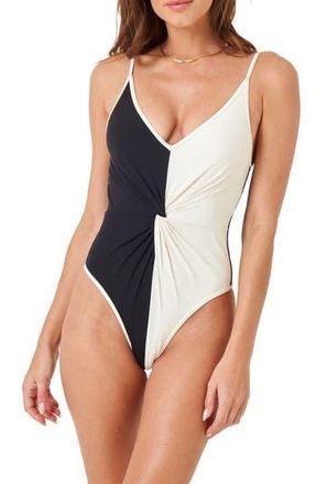 L*Space Devi Colorblock Twist Front One-Piece Swimsuit in Black/Cream at Nordstrom Rack, Size X-Large