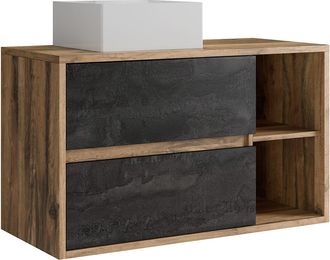 Vente-Unique Mueble de ba&ntilde;o suspendido con lavabo cuadrado color natural y antracita - 100 cm - TIKITIKI