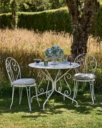Dibor Traditional Two Person Garden Iron Bistro Table & Chairs Set with Free Seat Pads in White
