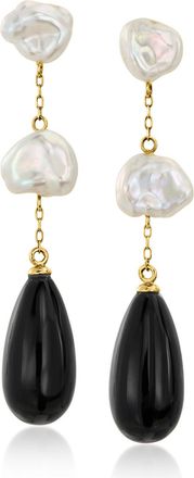 Ross-Simons Black Agate and 8-9mm Keshi Pearl Drop Earrings in 14kt Yellow Gold
