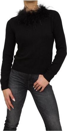 Twinset Zwarte boothals top met veren - Dames - Ronde hals truien - Zwart - S - Katoen - Truien & Vesten