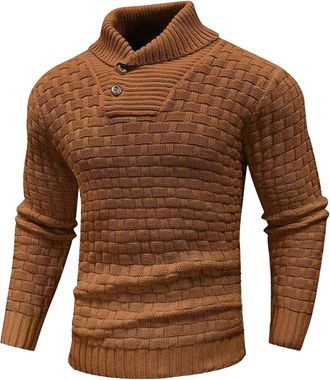Generic Mens Cable Knit Pullover Long Sleeve Shawl Collar Turtleneck Fisherman Cashmere Sweaters for Men Brown XX-Large