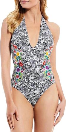 Johnny Was Spring Halter Embroidered One-Piece Swimsuit In Multi