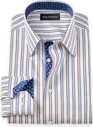 Paul Fredrick Non-iron Cotton Stripe Dress Shirt With Contrast Trim