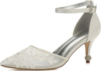 Generic Bridal Shoes Women Kitten Heel Wedding Pumps Pointed Toe Evening Formal Ankle Strap Dress Party Low 6.5 Cm,Ivory,9 UK