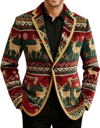 Generic Mens Christmas Blazer Corduroy Jacket Ugly Christmas Blazer Jackets Xmas Festive Costume Slim Fit Single-Breasted Suit Jacket Novelty Xmas Tuxedo Holi